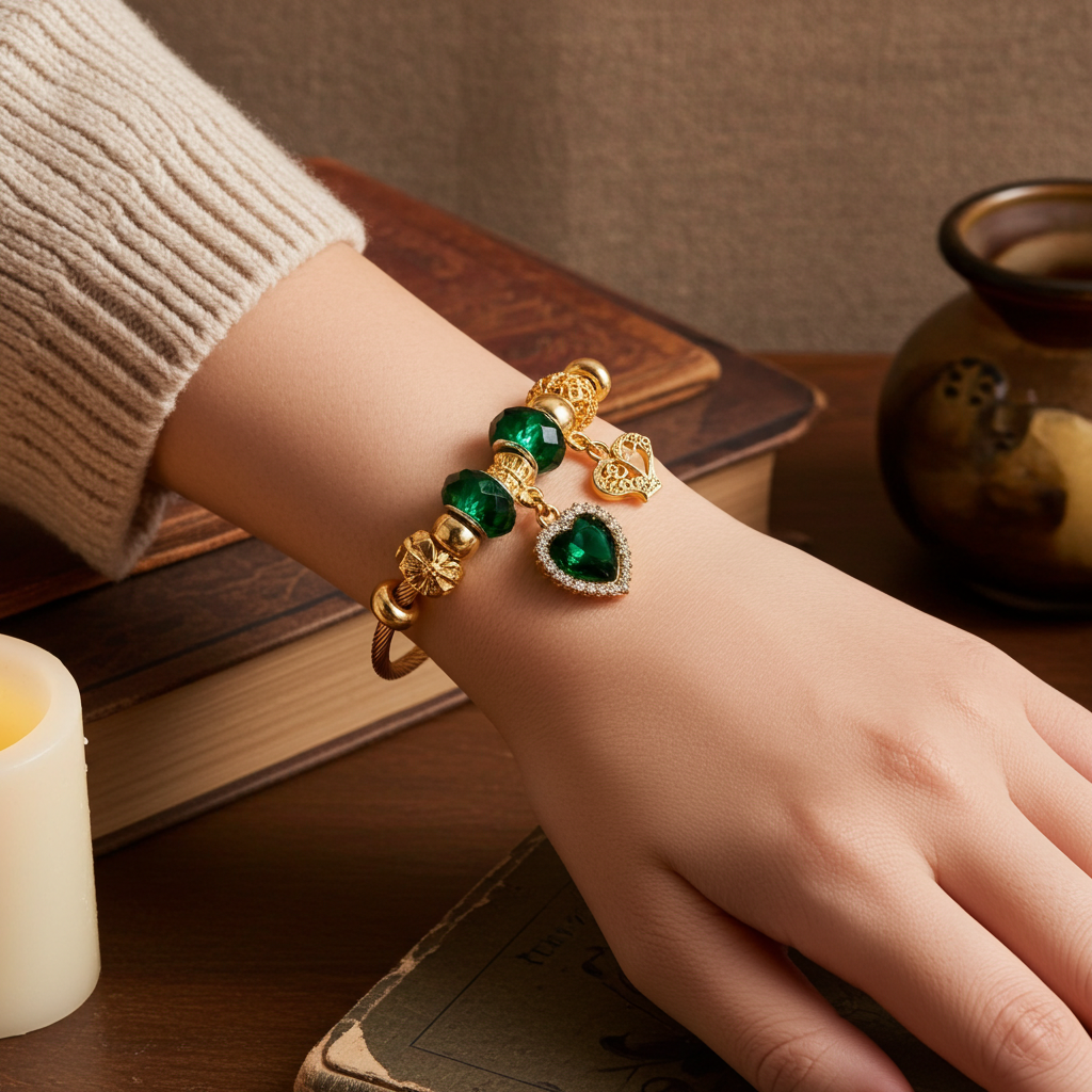 Laryne Royal Emerald Heart &amp; Crown Bracelet