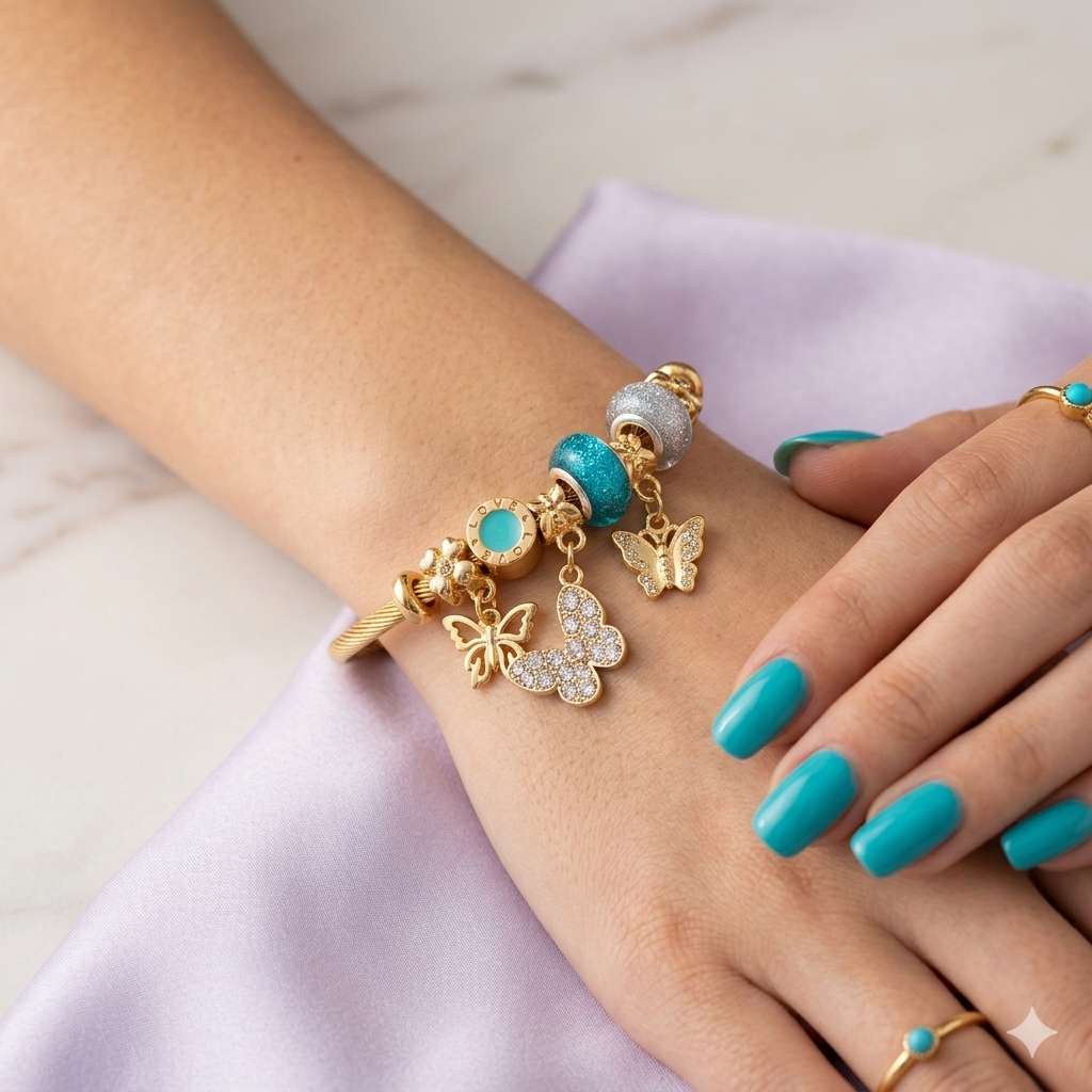 Laryne Golden Enchantment Bracelet Set - Butterfly & Pearl Charm Bangles