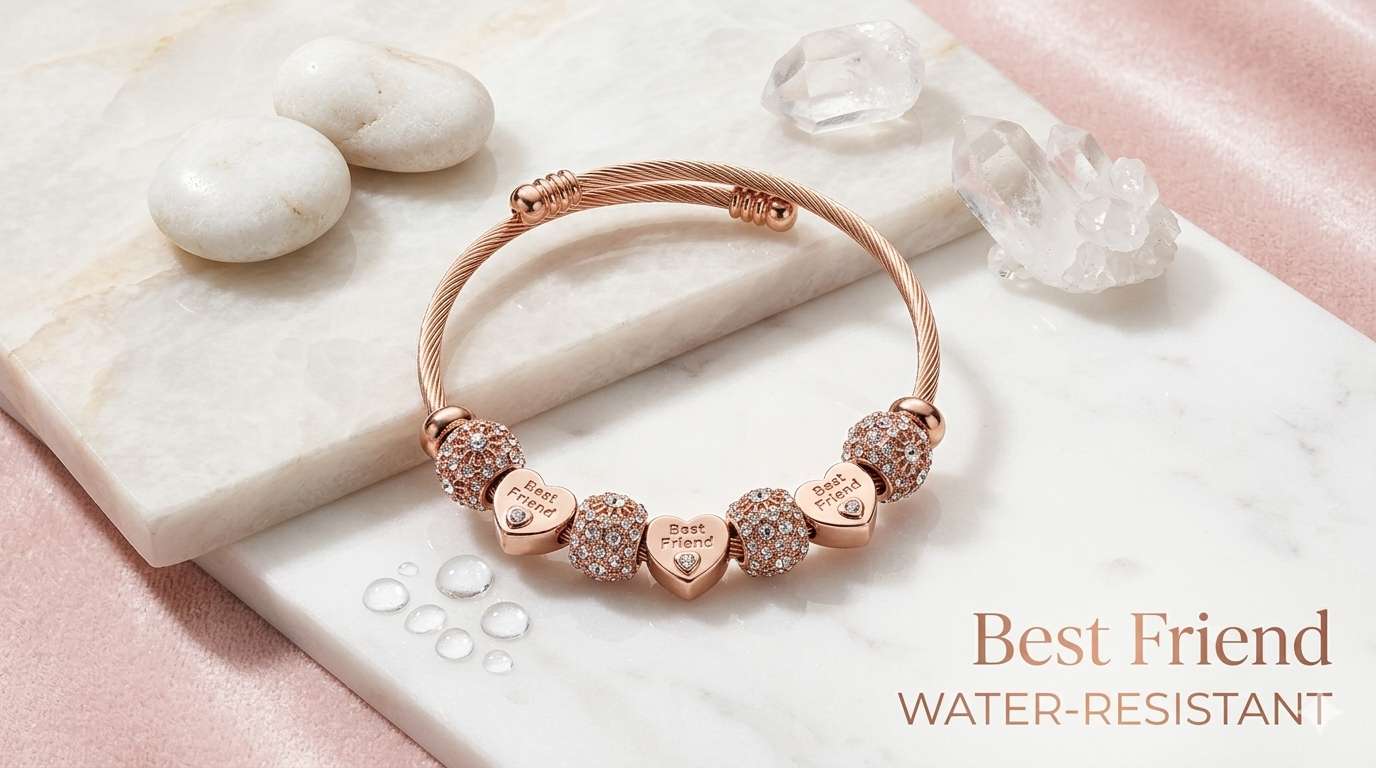 Rose Gold "Best Friend" Water-Resistant Charm Bangle