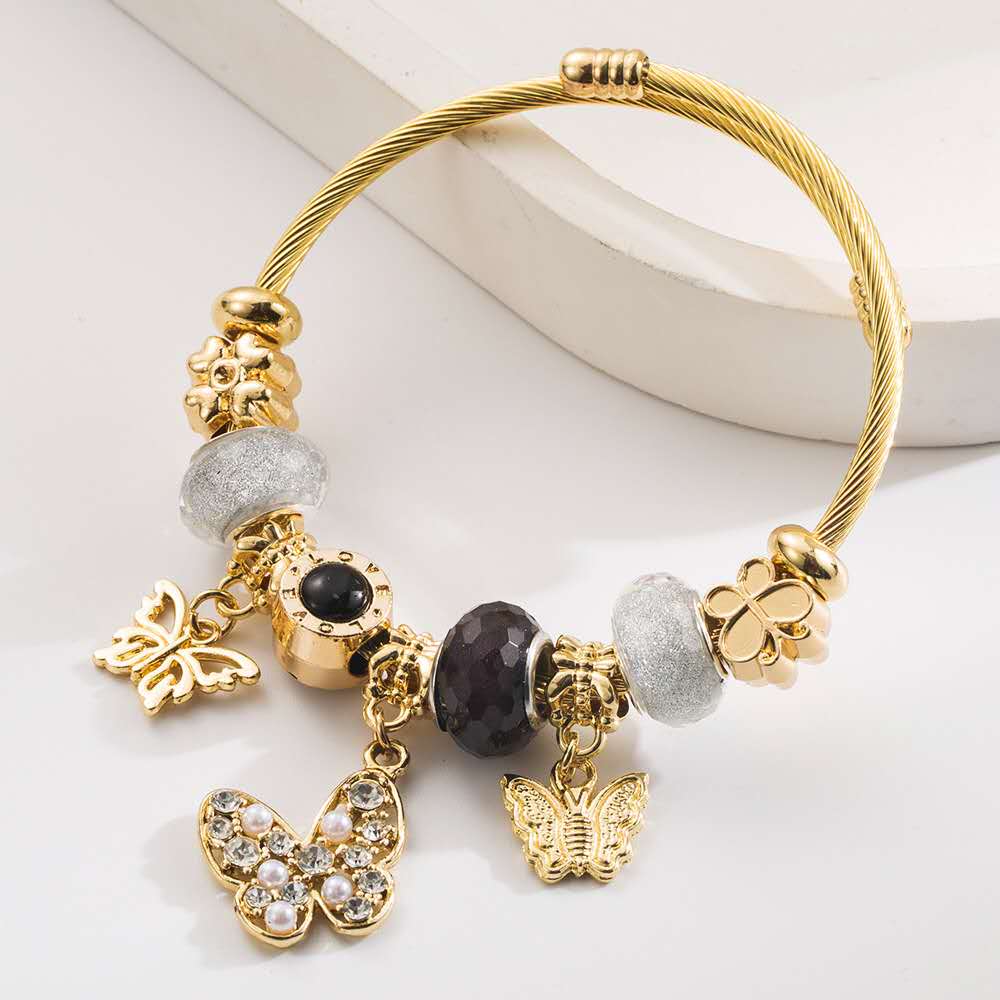 Laryne Golden Enchantment Bracelet Set - Butterfly & Pearl Charm Banglest Gold & Black