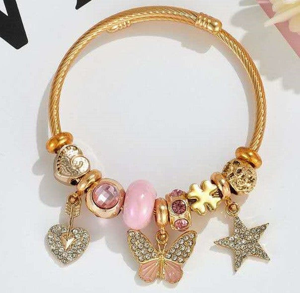 Laryne Golden Pink Romance Charm Collection - Butterfly, Heart & Star Crystal Bangles