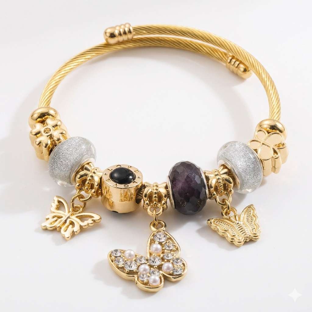 Laryne Golden Enchantment Bracelet Set - Butterfly & Pearl Charm Banglest Gold & Black