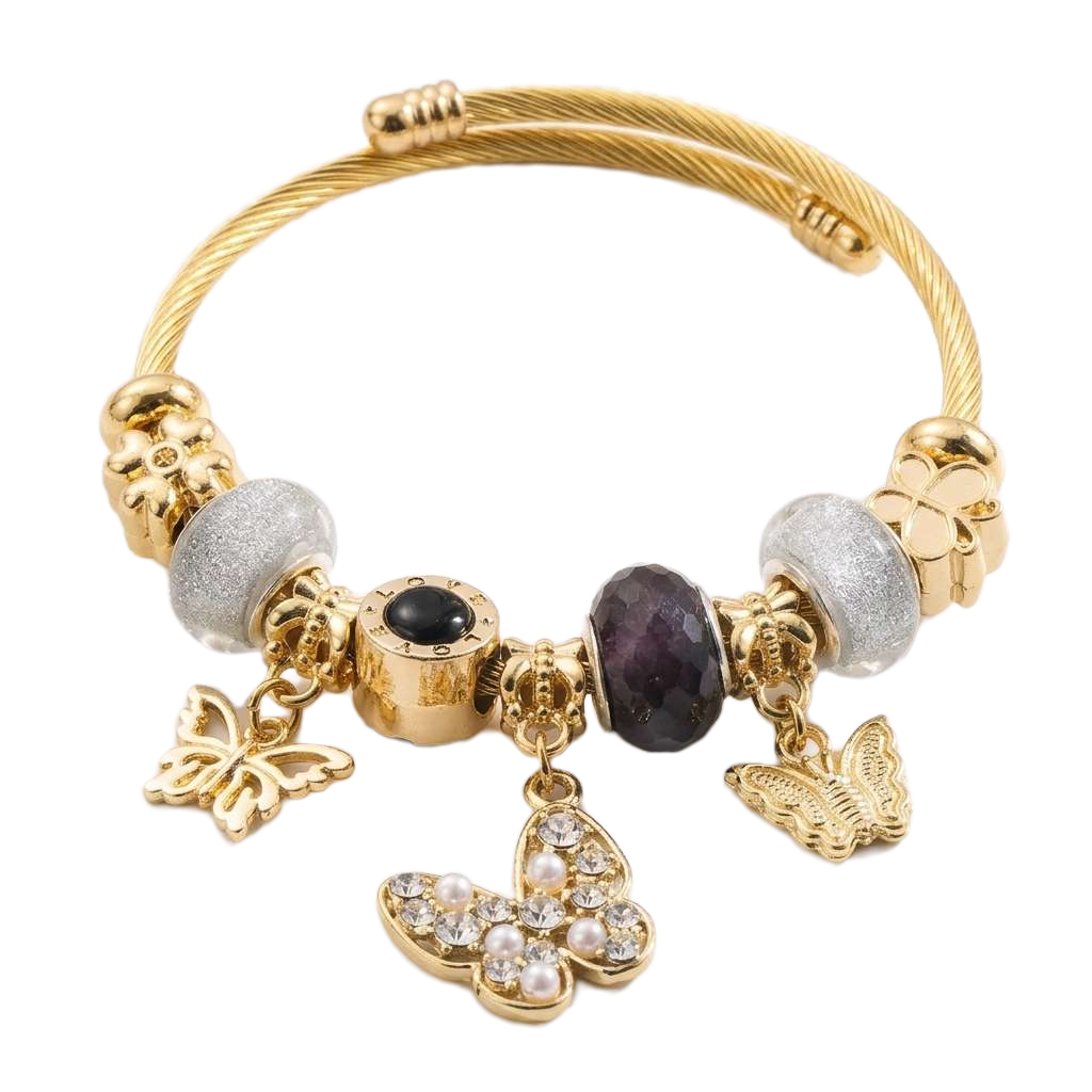 Laryne Golden Enchantment Bracelet Set - Butterfly & Pearl Charm Banglest Gold & Black